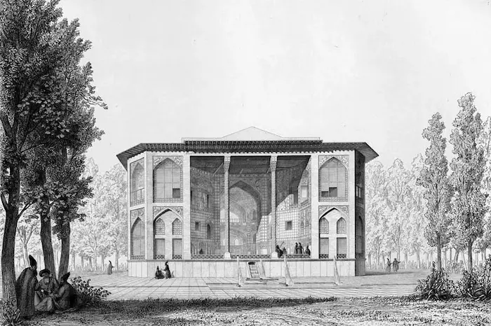 عکس سیاه سفید از نمای ساختمان کاخ هشت بهشت اصفهان 15644